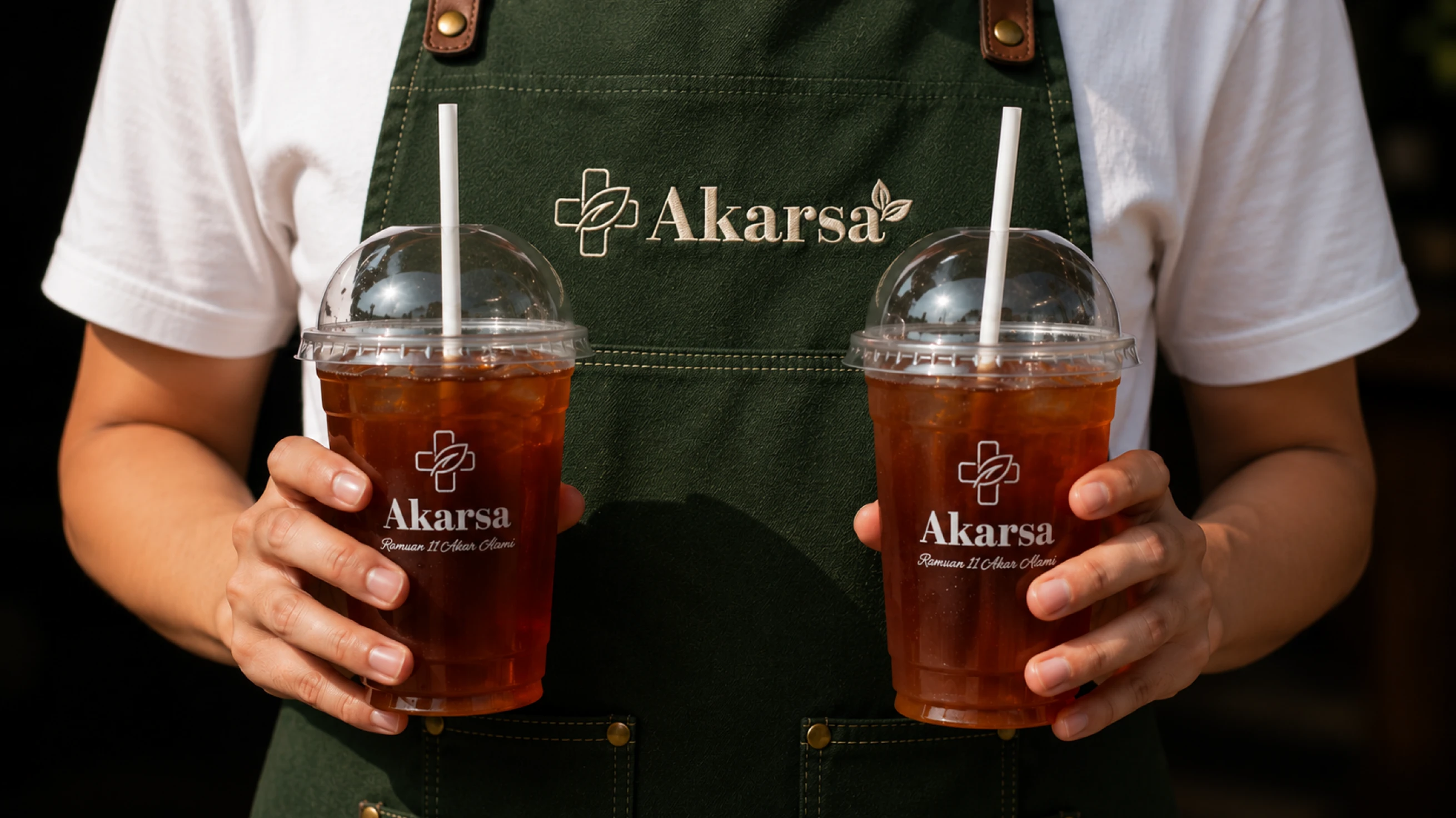 Dua gelas minuman Akarsa dipegang oleh seseorang dengan celemek hijau berlogo Akarsa